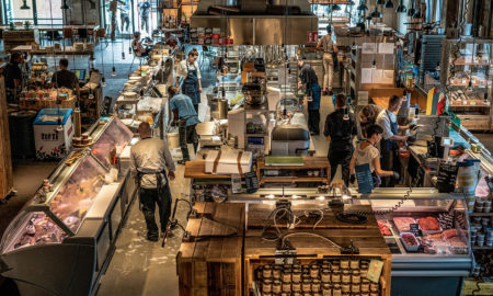 Market hall with stands and professional kitchenette, Retail Catering EHI study