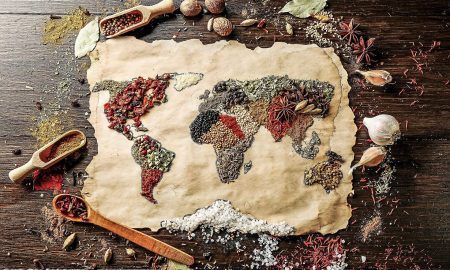 World map of spices to represent the diversity of tastes and aromas.