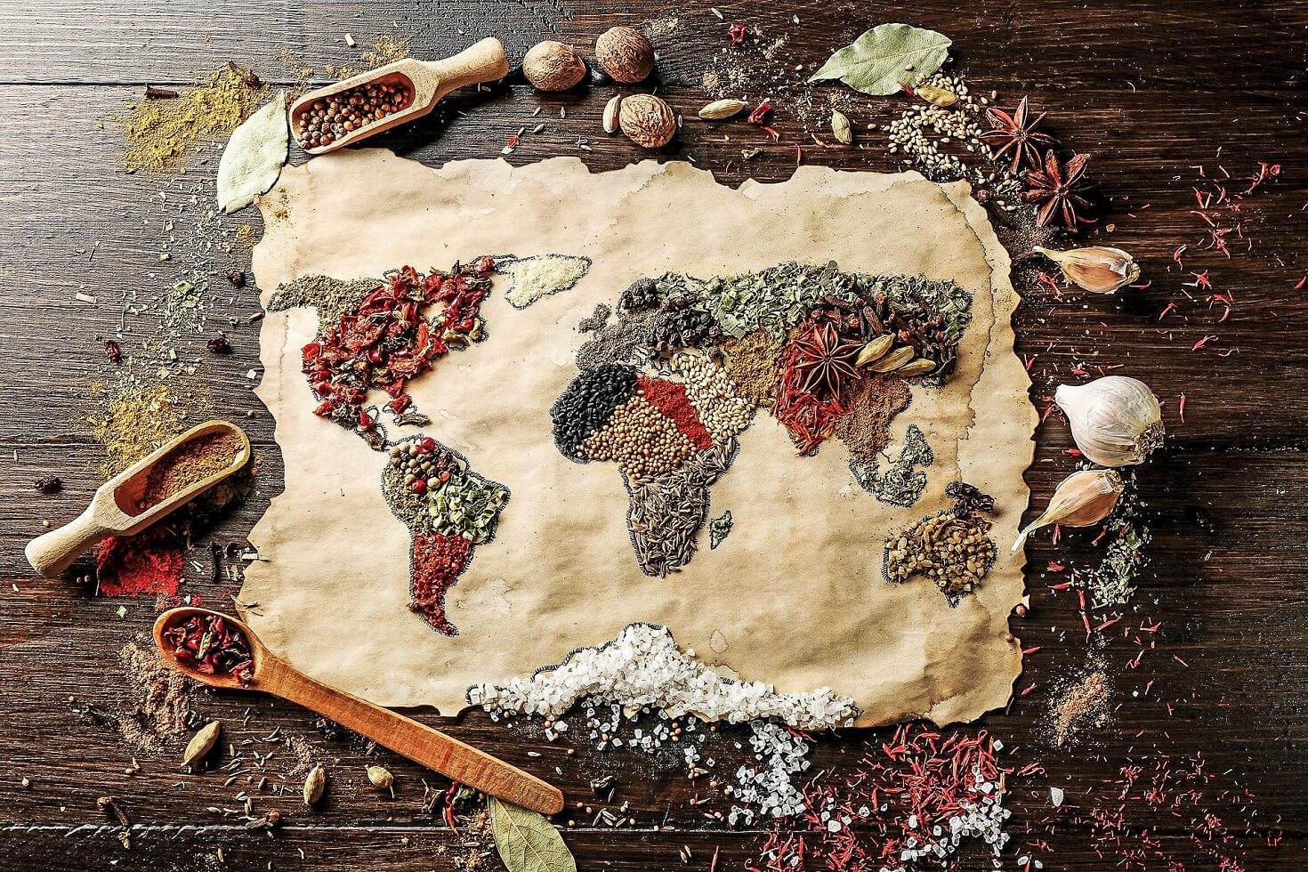 World map of spices to represent the diversity of tastes and aromas.