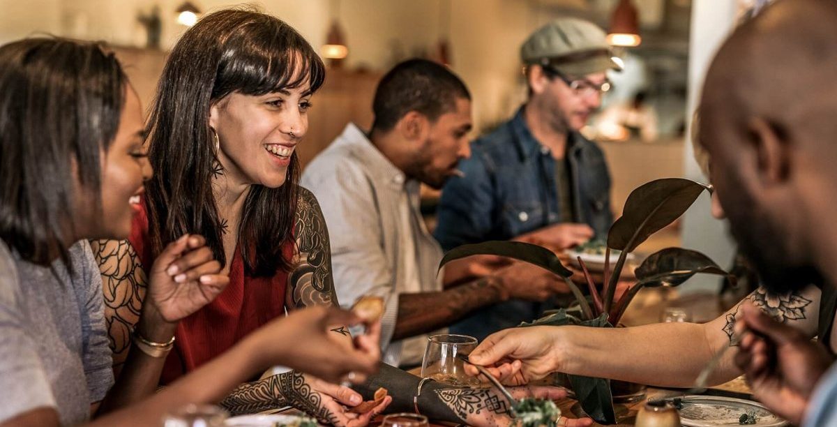 People eating in supermarket restaurant