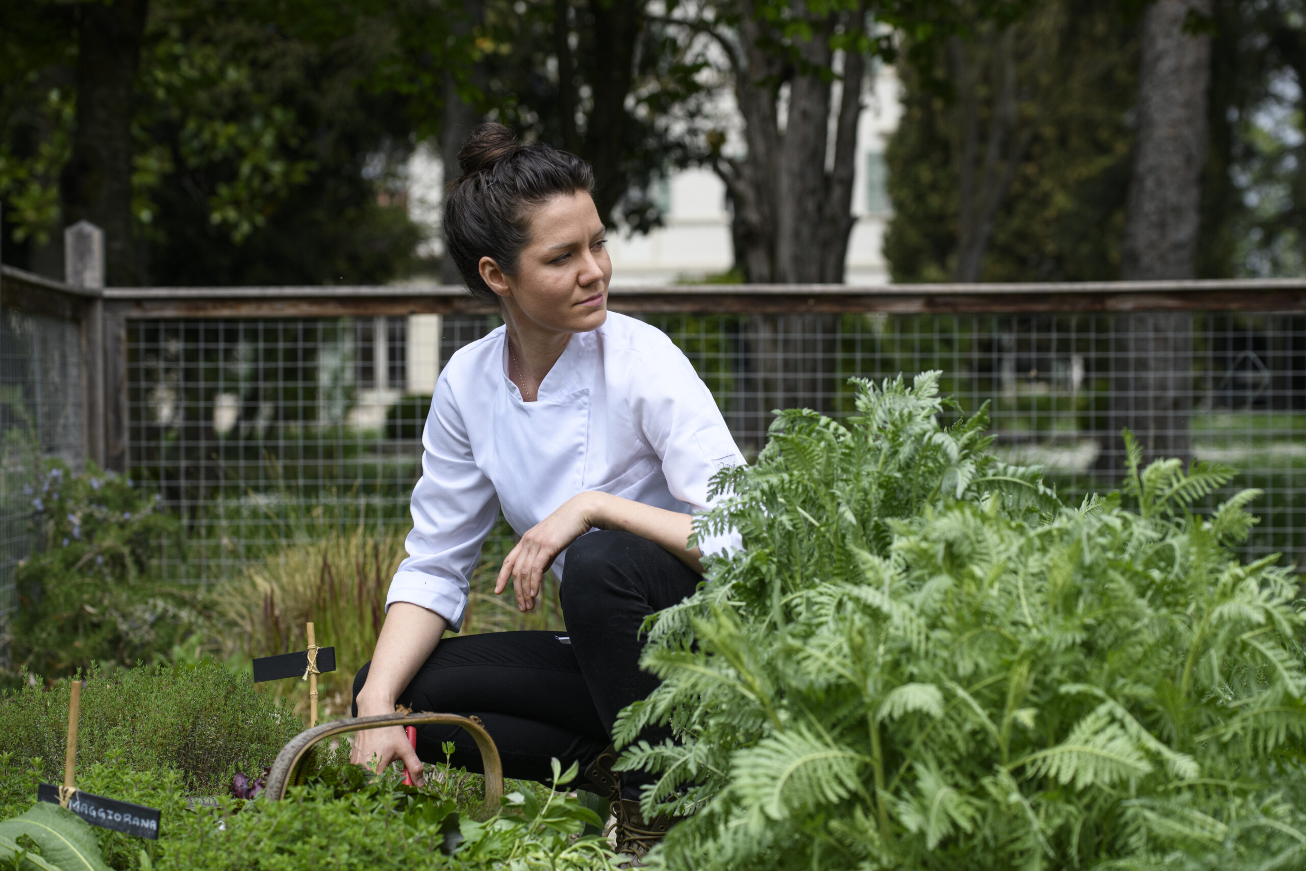 Chef Jessica Rosval in the kitchengarden of Casa Maria Luigia in Modena