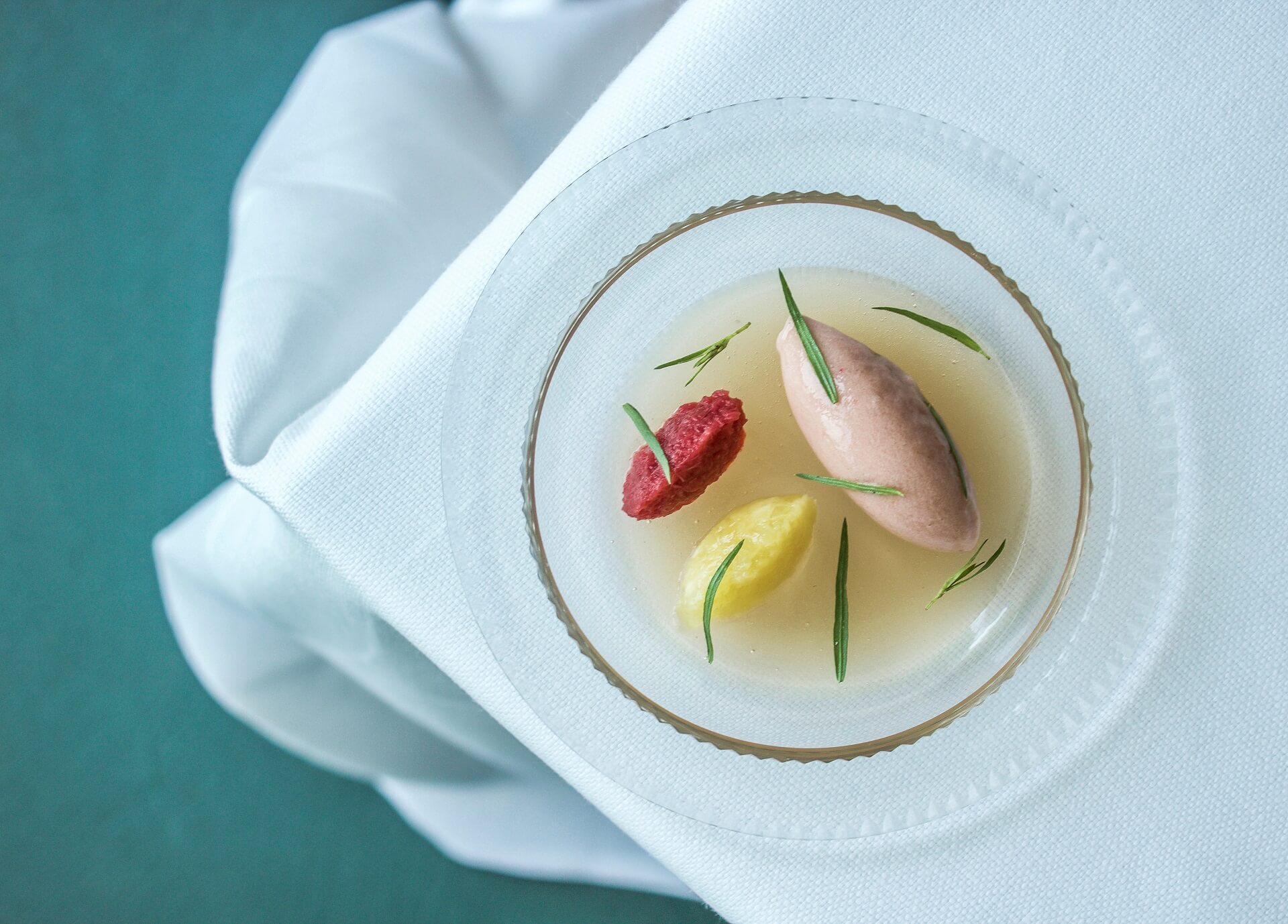 Rhubarb sorbet and jelly, pineapple, mango and tarragon