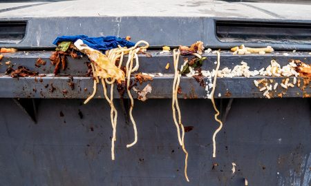 Spaghetti und andere Lebensmittelabfälle auf einem grauen Mülleimer.
