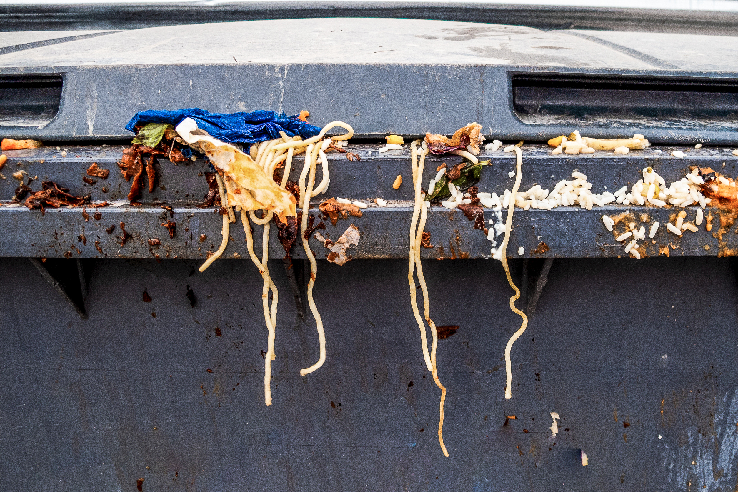 Food Waste: Spaghetti pasta and other waste food on a gray trash bin.