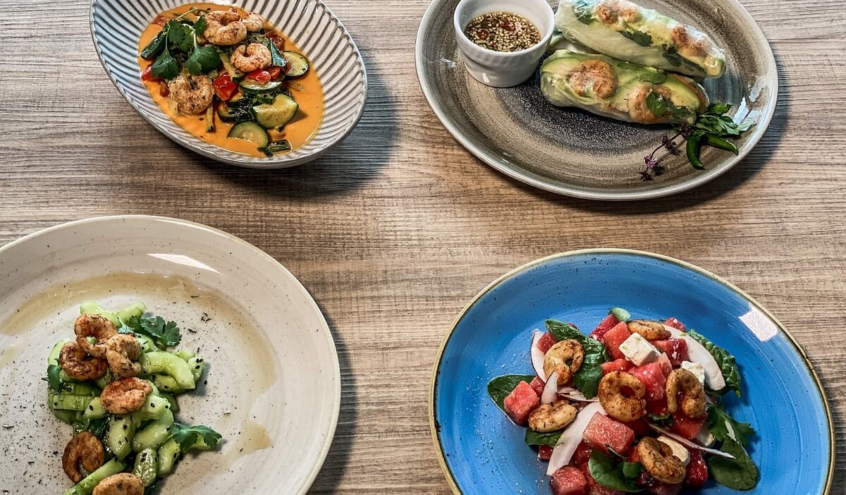 Vegan is delicious - four amazing looking dishes with plant-based shrimps from Happy Oceans Foods