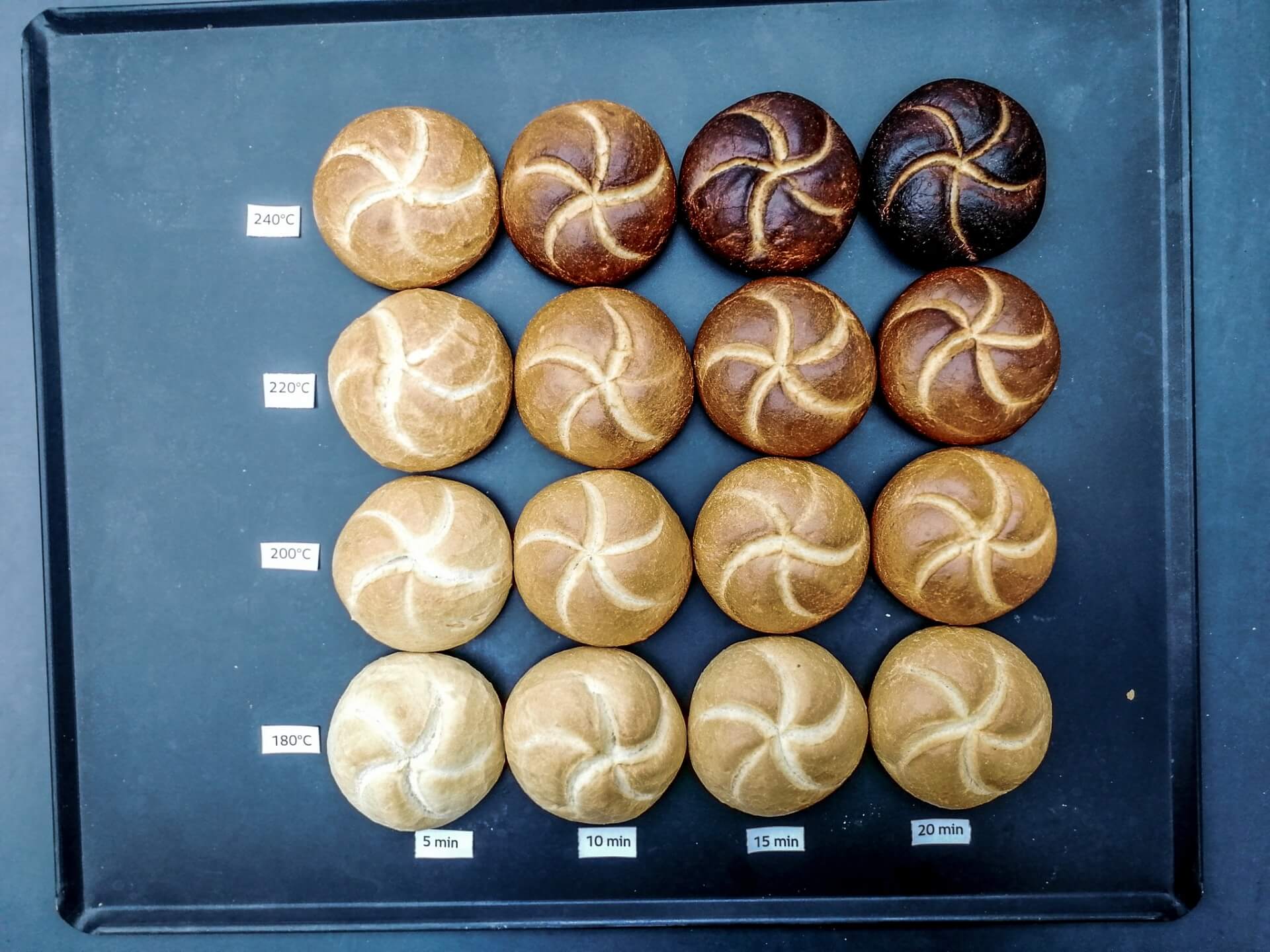 Unterschiedlich intensiv ausgeprägte Maillard Reaktion abhängig von Temperatur und Zeit - Brötchen Beispiel.