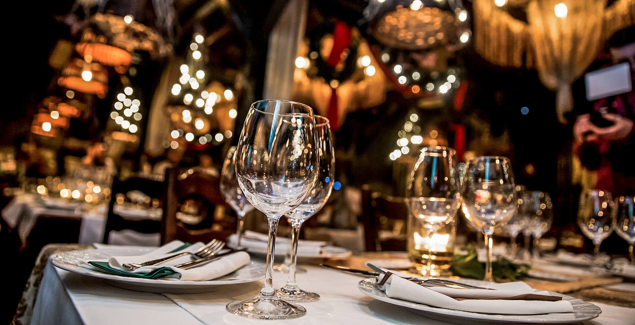 Wine Glasses On The Banquet Table Of A Luxury Hotel In Vintage