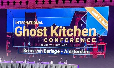 Stage and presentation at the Ghost Kitchen Conference. Ghost kitchens are one of the trends in meal delivery business.