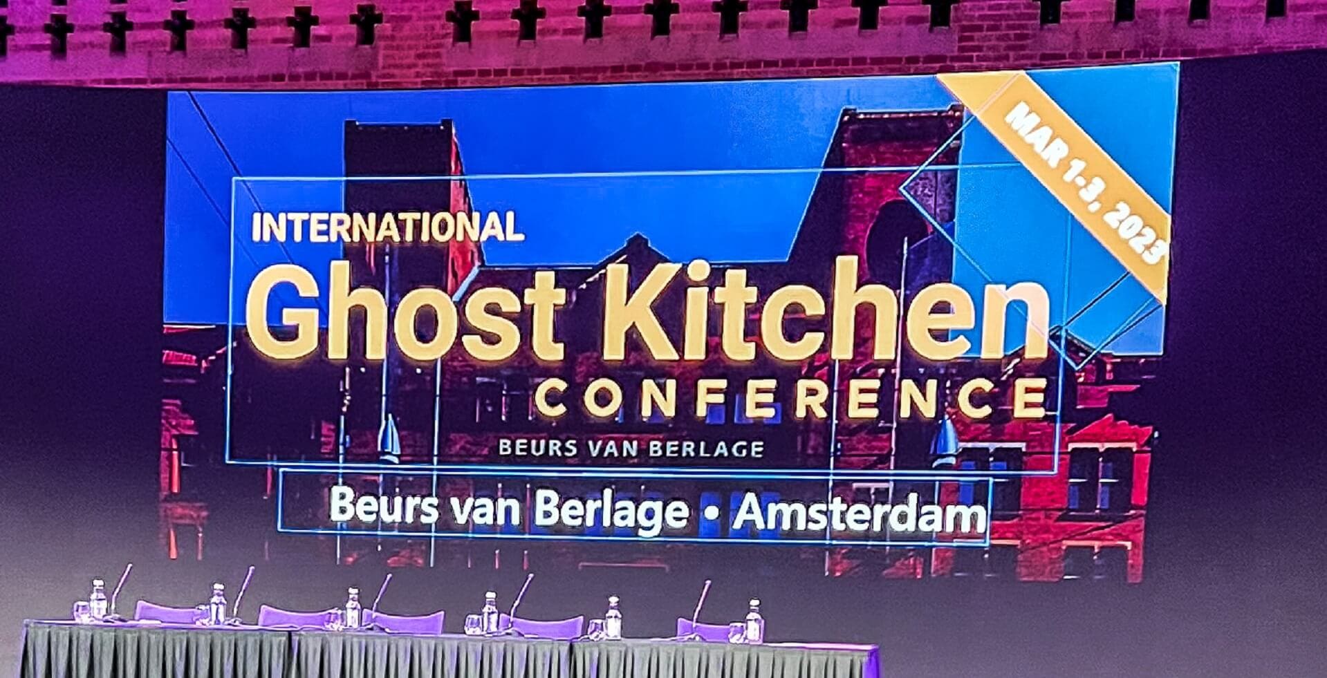 Stage and presentation at the Ghost Kitchen Conference. Ghost kitchens are one of the trends in meal delivery business.