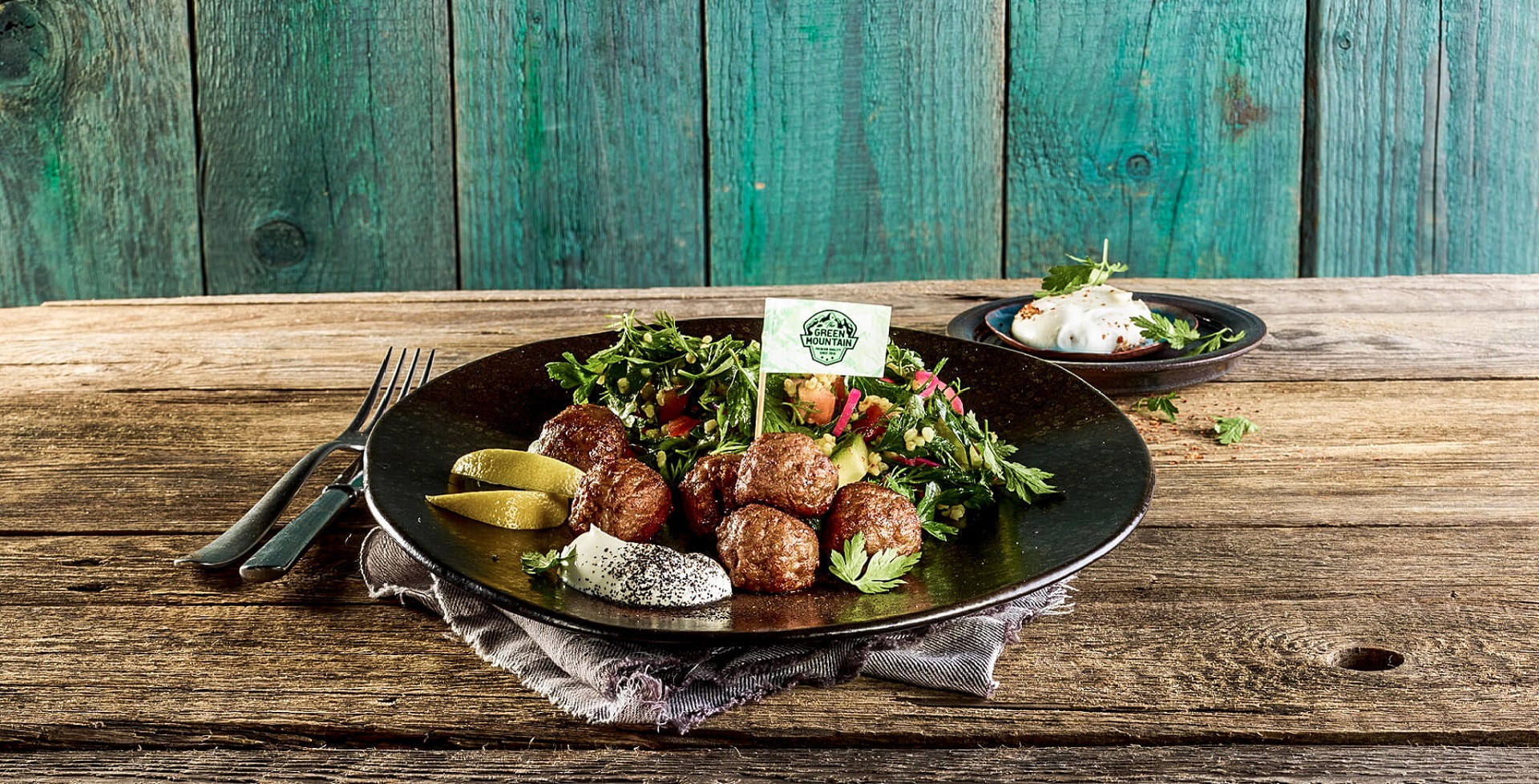 vegan meatballs from Green Mountain with persil salad
