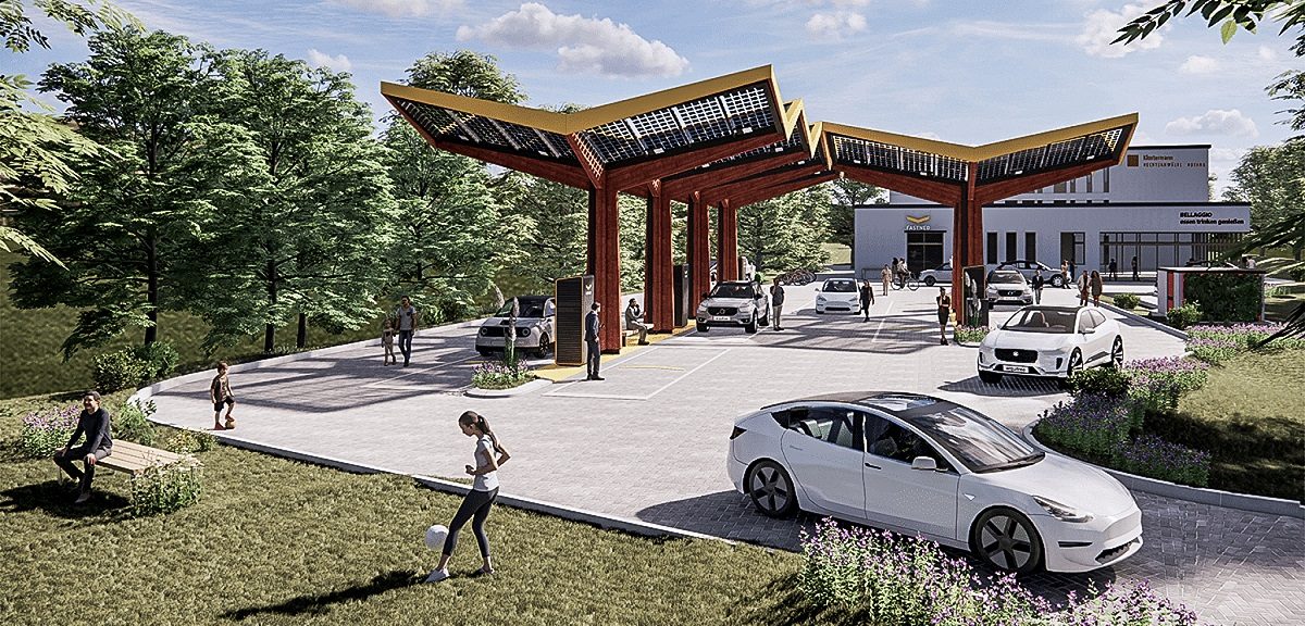 Model of an innovative electric filling station with gastronomic offer by Fastned