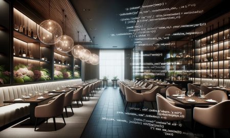 Restaurante contemporáneo con mobiliario sofisticado. La mitad cubierta con javascript transparente simboliza el uso de la IA en la hostelería.