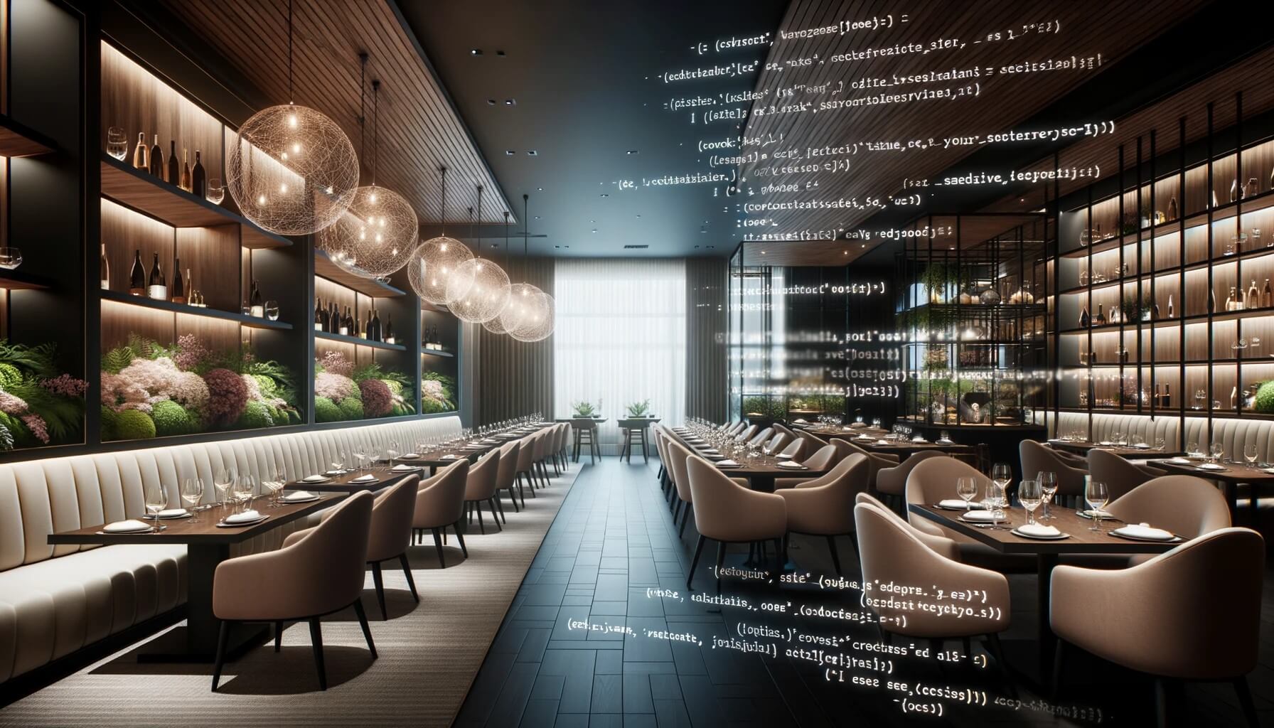 Zeitgenössisches Restaurant mit anspruchsvoller Einrichtung. Halb bedeckt mit transparentem Javascript, das den Einsatz von KI im Gastgewerbe symbolisiert.
