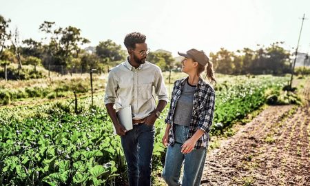 Agriculture manager and farmer meeting on a field discussing about regenerative food.