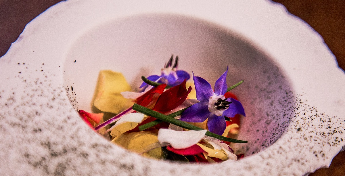 Blumen-Ceviche mit brasilianischem Bienenhonig serviert im Restaurant D.O.M.