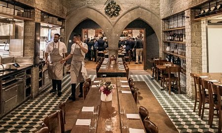 Shared table at the Republique - communal restaurant experience with friends and strangers