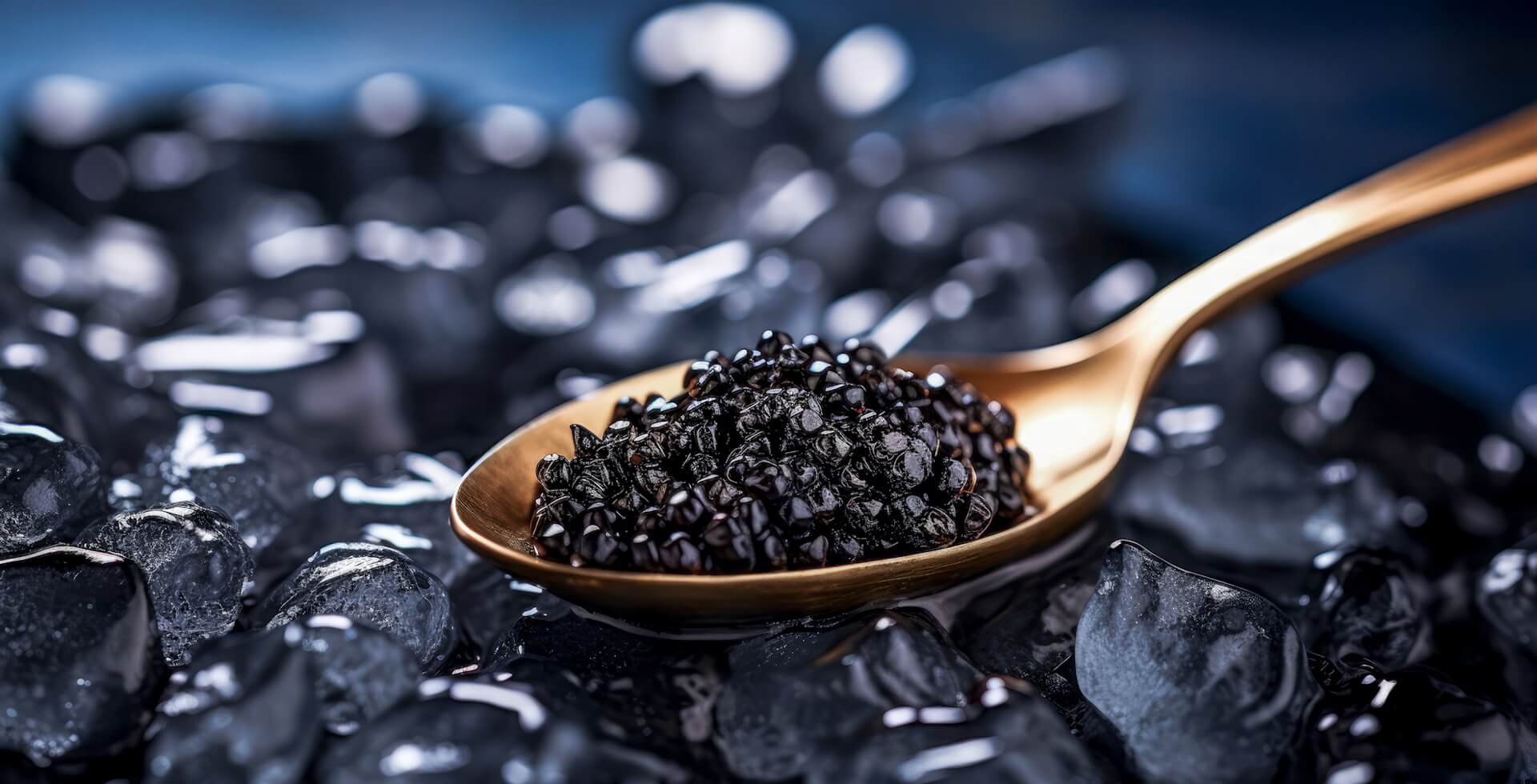 Black caviar on a golden spoon, placed on black stones.