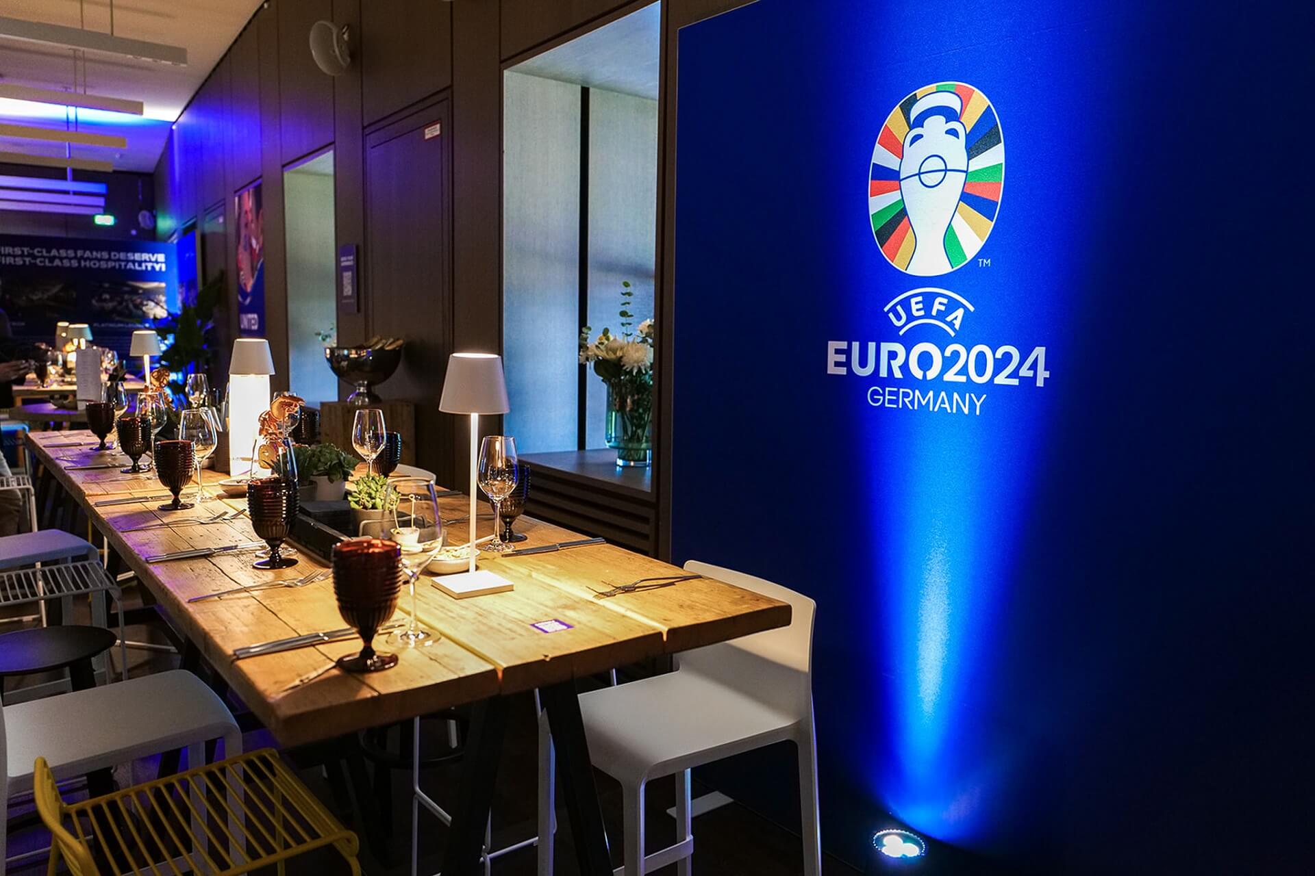 Uefa Euro lounge in Berlin, logo illuminated from below