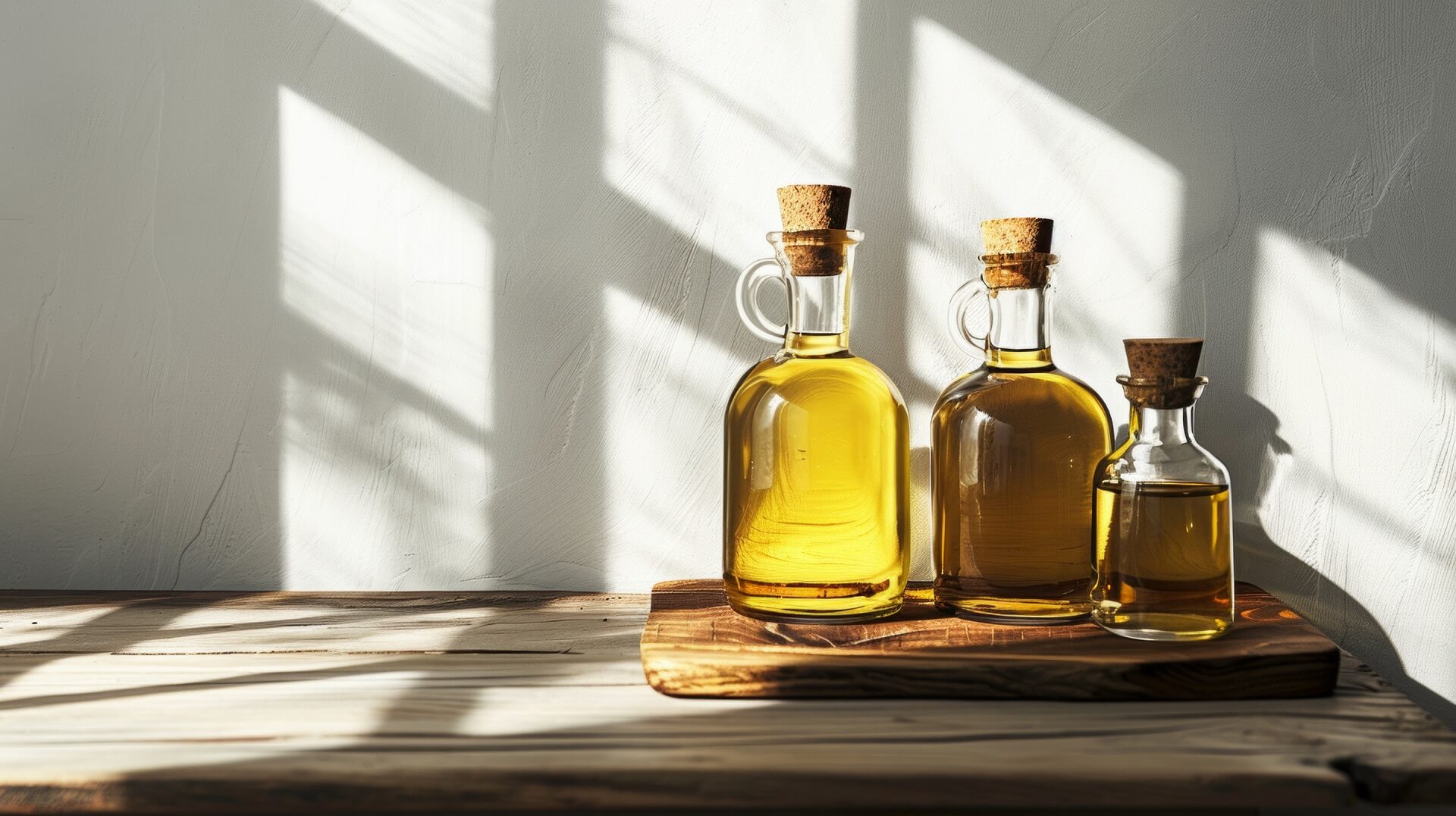 Various oil bottles stand on a wooden table