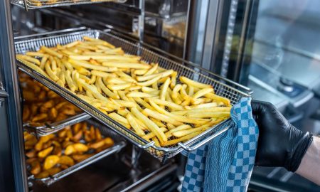 French fries and wedges cooked with the air fry in a combi steamer