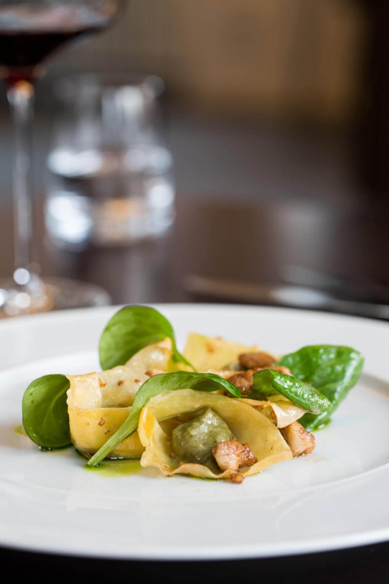 Tortellini with salad arranged on a plate
