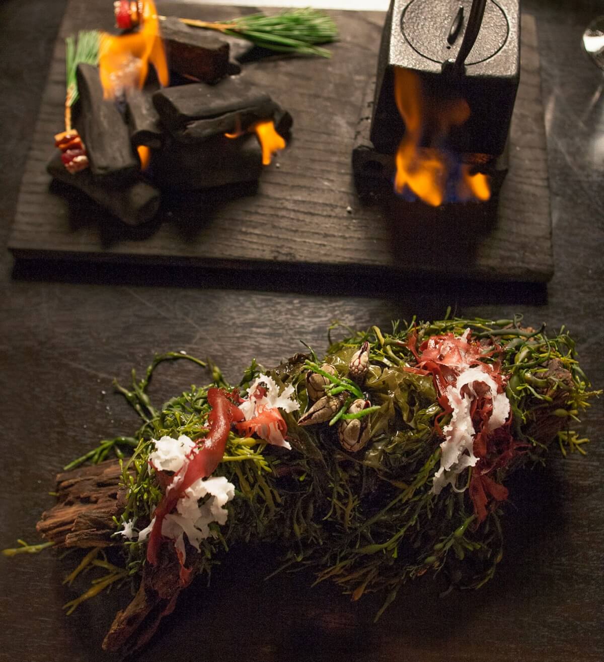 A fancy presented dish, next to a small fire