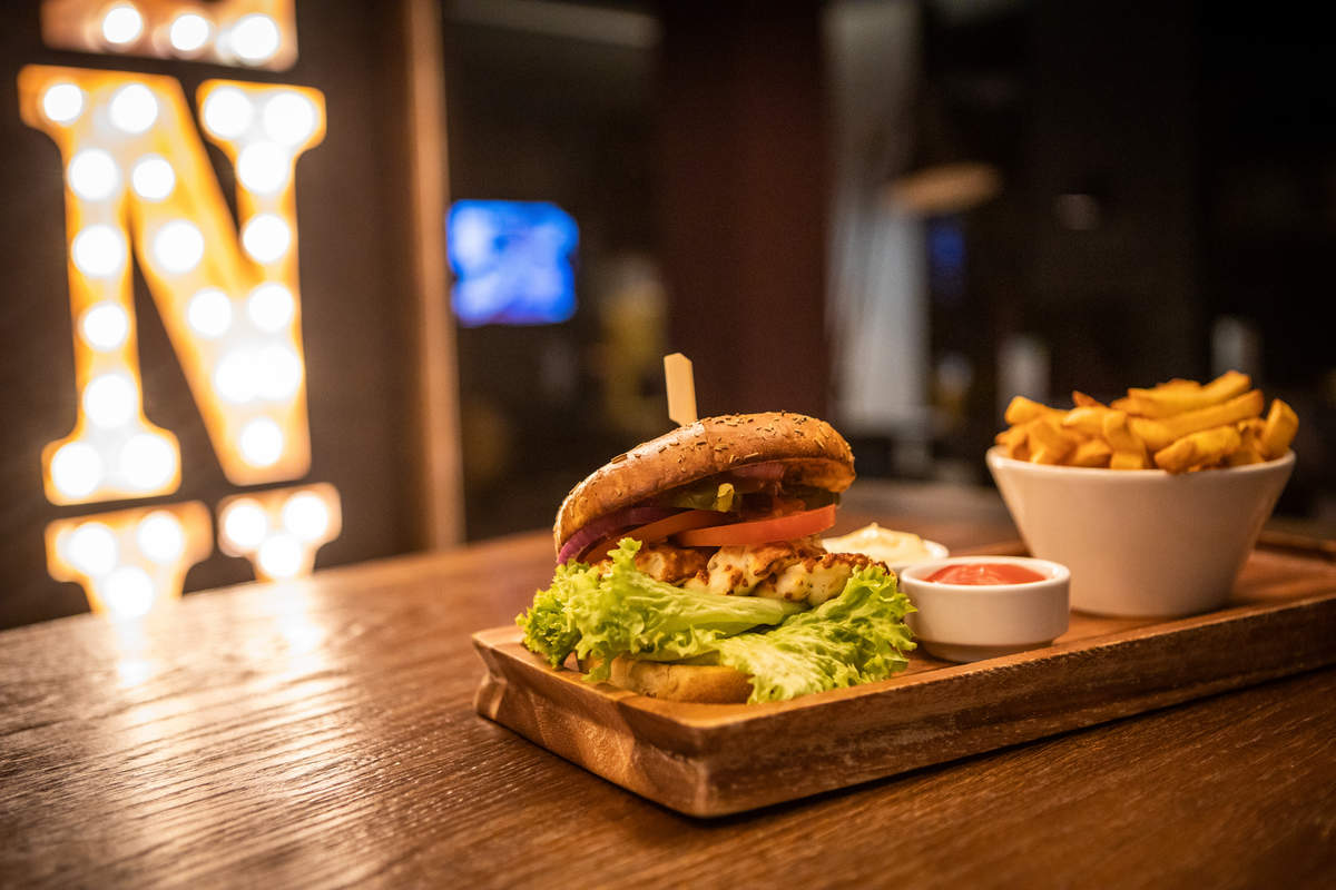 burger with fries in the hotel Premier Inn