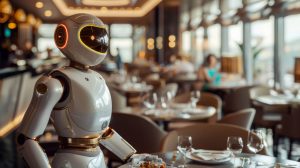 Un robot de servicio sirve comida en un restaurante