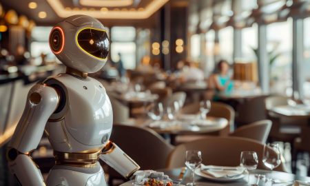 Un robot de servicio sirve comida en un restaurante