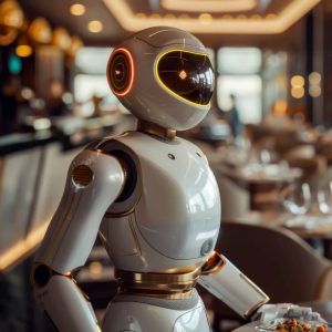 A service robot serves food in a restaurant