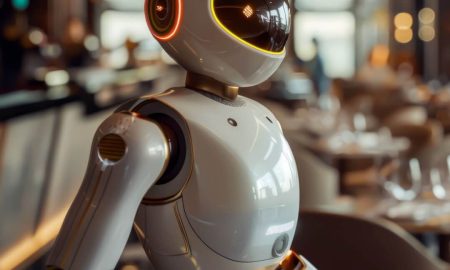 A service robot serves food in a restaurant