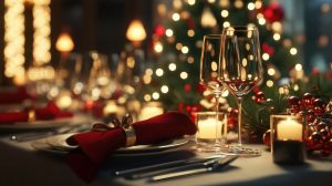 Ein weihnachtlich gedeckter Tisch, mit Weihnachtsbaum im Hintergrund