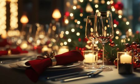 A table set for Christmas, with a Christmas tree in the background