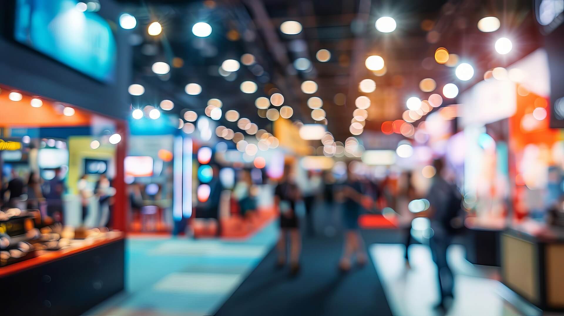 Exhibition hall with various exhibition stands and people
