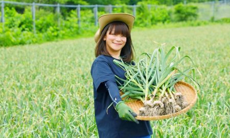 Ajo Base owner in a garlic field with fresh garlic in a basket.