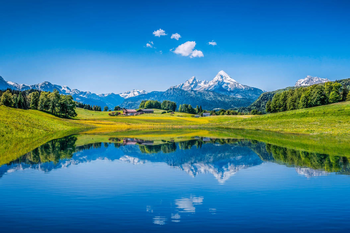 Lake with trees and snow-covered mountains in the background.